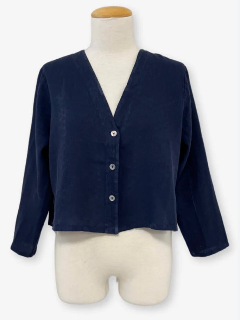 bryn walker navy linen long sleeve buttoned v neck size XS